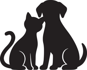 Silhouette of adorable cat and dog sitting together in friendship on white background