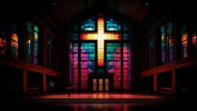 Vibrant stained glass cross illuminates the interior of a breathtakingly beautiful church at dusk