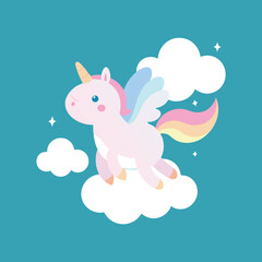 Cute unicorn flying through pastel candy clouds, whimsical fantasy illustration, magical mythical creature, dreamy sky, children&rsquo;s vector art