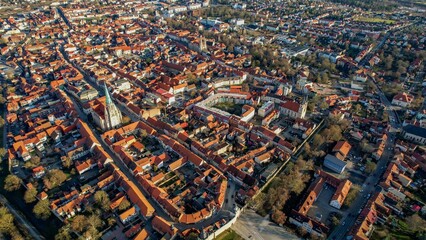 Aerial view of the old town Muhlhausen in Germany on a sunny afternoon in autumn