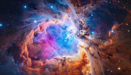 Vibrant celestial nebula with bright stars and swirling cosmic dust