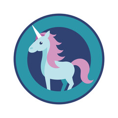 Minimalist unicorn icon inside a circle frame, simple clean strokes, magical fantasy logo design, modern outline vector illustration