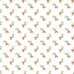 Seamless Pattern with Orange Tulip Flowers and Green Leaves on White Background
