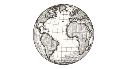 Hand-drawn globe illustration in black and white style  