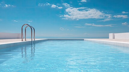 Rooftop pool, azure water, bright sky