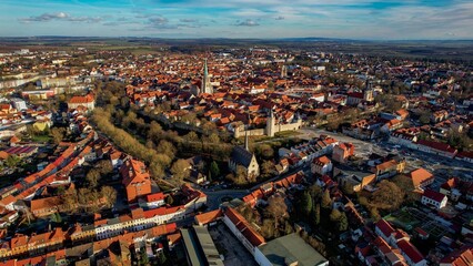 Aerial view of the old town Muhlhausen in Germany on a sunny afternoon in autumn
