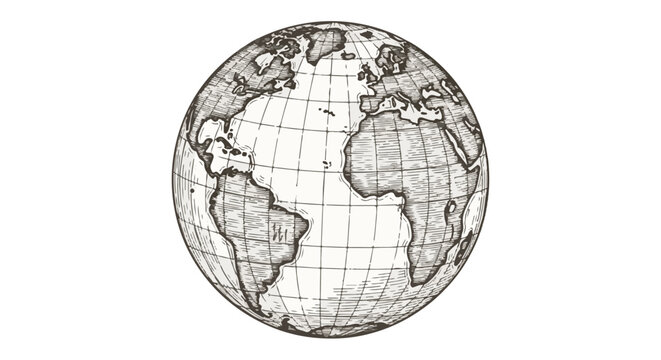 Hand-drawn globe illustration in black and white style  