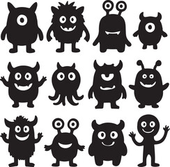Cartoon monster silhouette set with different funny characters on white background