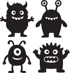 Set of various cartoon monster silhouettes in playful style on white background