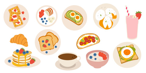 Hand drawn breakfast food illustrations. Coffee cup, poached eggs, avocado toast, croissant, pancakes, smoothie, bruschetta, waffles and cereal. Vector flat doodle illustration.