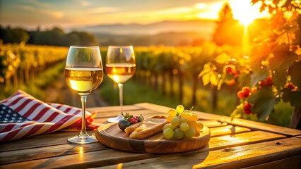 Two glasses of white wine sit on a wooden table next to a cheese and grape platter, with a vineyard and sunset in the background