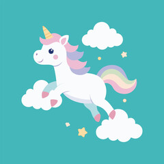 Cute unicorn flying through pastel candy clouds, whimsical fantasy illustration, magical mythical creature, dreamy sky, children’s vector art