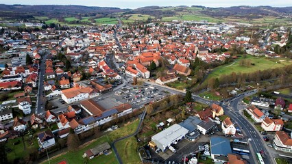 Aerial view around the city Schlüchtern, 36381 in Germany on a sunny spring day