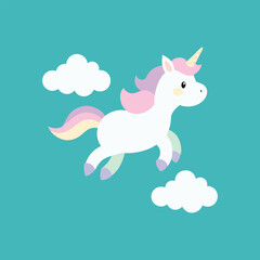 Cute unicorn flying through pastel candy clouds, whimsical fantasy illustration, magical mythical creature, dreamy sky, children’s vector art