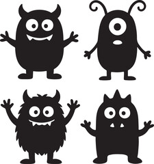 Collection of cute monster silhouettes in fun cartoon vector on white background