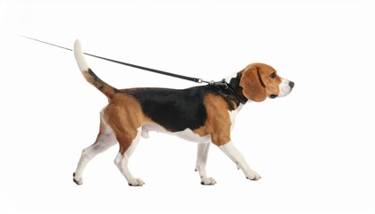 Adorable Beagle Dog on Leash Walking Studio Shot.