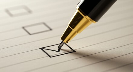 Golden Pen Marking Checklist Box on Lined Paper, Close-Up View