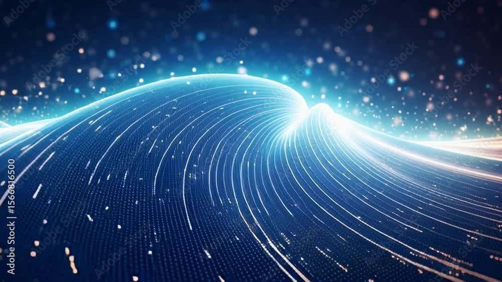 Aufkleber Digital Data Flow: This image depicts the mesmerizing flow of digital data, visualized as streams of luminous lines, gracefully weaving and cascading across a dark, cosmic backdrop.