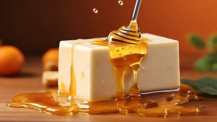 Honey Drizzling Over Fresh Cream Block on Wooden Table