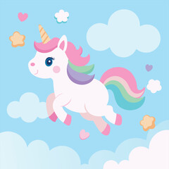 Cute unicorn flying through pastel candy clouds, whimsical fantasy illustration, magical mythical creature, dreamy sky, children’s vector art