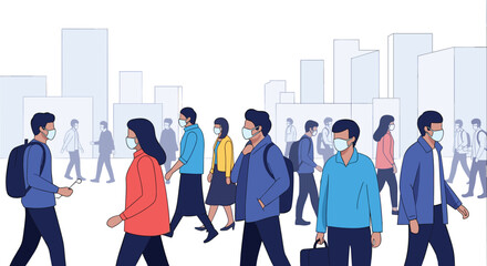 Urban crowds wearing face masks navigate city streets during pandemic times ensuring public health measures