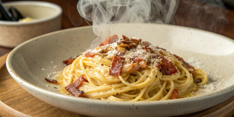 Fototapeta premium Steaming Carbonara: Creamy Pasta Perfection
