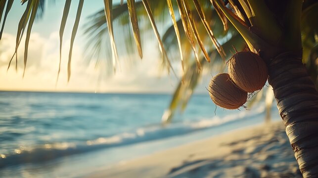 Tropical Coconuts Hanging From Palm Tree Near Ocean