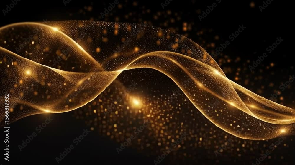 Poster Golden Flow: Abstract golden wave with sparkling particles on black background.  