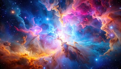Vivid cosmic nebula with vibrant colors, stars, and swirling gases
