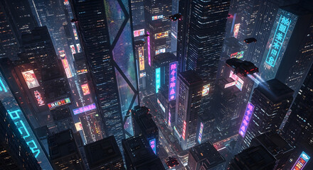 Futuristic cityscape at night with neon lights illuminating towering skyscrapers and flying vehicles.