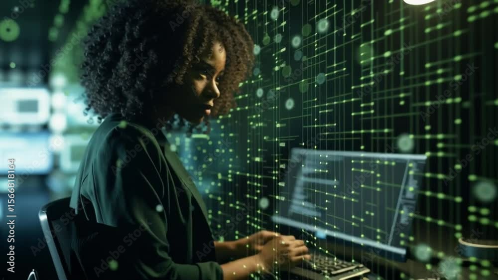 Leinwandbilder Female coder in digital realm: A focused african woman, immersed in lines of computer code, embodying the fusion of human ingenuity and digital technology.