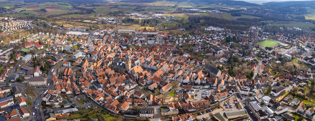 Aerial view of the old town  Alsfeld in Germany on a sunny afternoon in autumn
