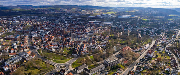 Aerial view of the old town  Bad Hersfeld in Germany on a sunny afternoon in autumn