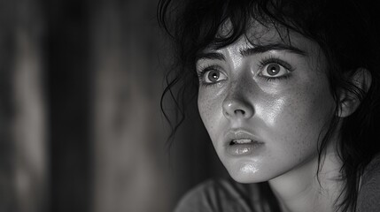 Fototapeta premium black and white close-up portrait of a young woman with freckles and wide eyes showcasing emotions in monochrome