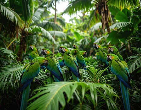Green parrots perch in lush jungle foliage, bright colors