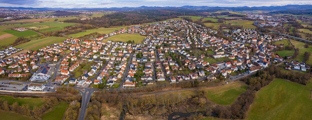Aerial view of the old town Engelhelms, Künzell in Germany on a sunny afternoon in autumn