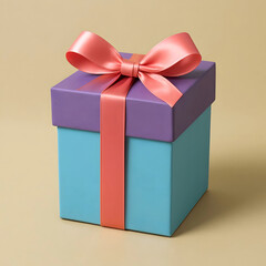 Obraz premium A closed gift box with a purple lid and teal base tied with a coral ribbon and bow