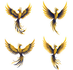 Elegant Golden Phoenix Logo Set – Fantasy Firebird Tattoo Art, Mythical Flying Bird Icons, Symbol of Rebirth, Luxury Flame Vector Design