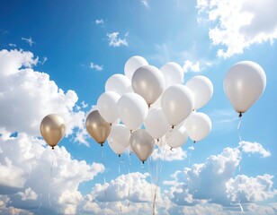 White and gold balloons float against a bright blue sky