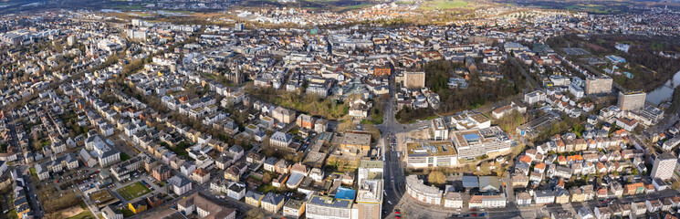 Aerial view of the downtown around the city Giessen in Hessen, Germany on a cloudy day. in autumn