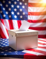White ballot box with a ballot and an American flag background