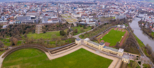 Aerial view of the downtown around the city Kassel in Hessen, Germany on a cloudy day. in autumn