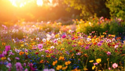 Wildflowers bloom in a sunny meadow bathed in golden light