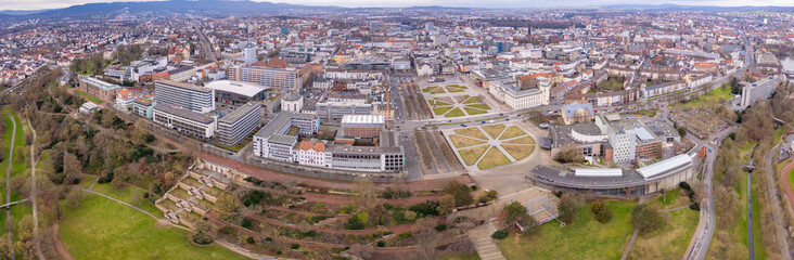 Fototapeta premium Aerial view of the downtown around the city Kassel in Hessen, Germany on a cloudy day. in autumn 