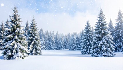 Winter forest scene, snow-covered trees under a snowy sky