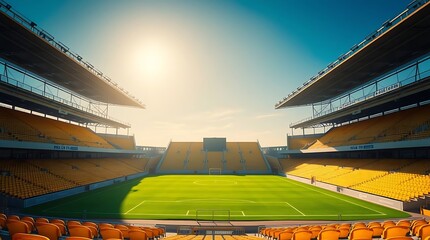 A large, empty soccer stadium with yellow seats under a bright sunny sky