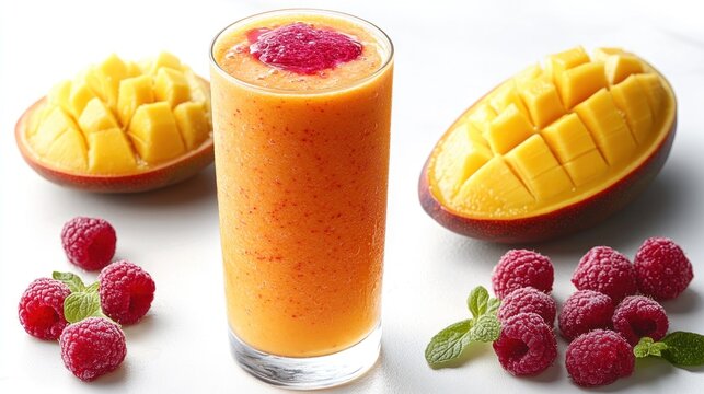 Tropical fruit smoothie garnished with fresh raspberries and mango slices on display