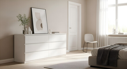A sleek white dresser with minimal drawers, on bedroom