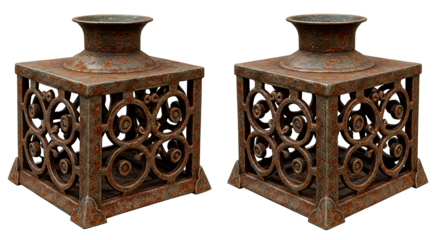 Two vintage metal lanterns with intricate scrollwork, perfect for a vintage aesthetic.