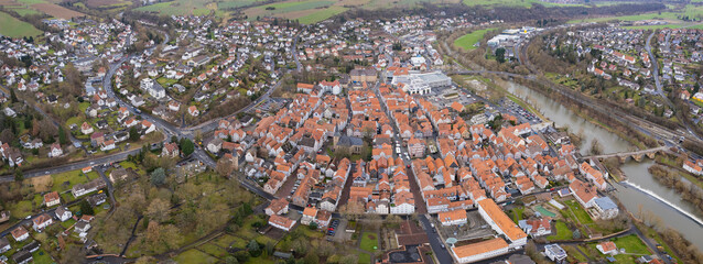 Aerial view of the old town  Melsungen in Germany on a sunny afternoon in autumn